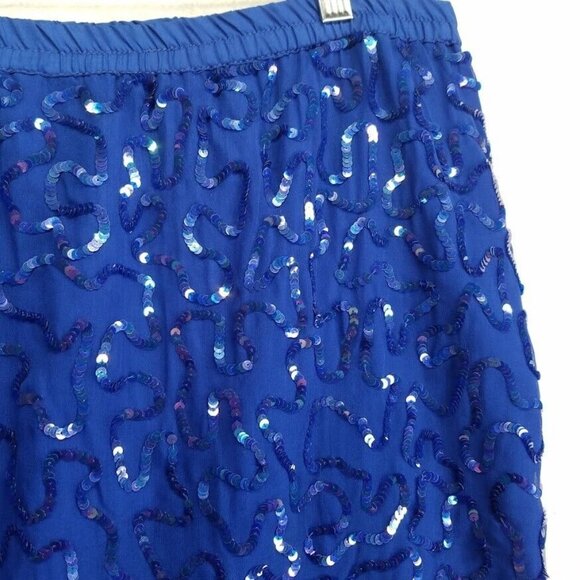 Vintage 2 Piece Silk Blouse Skirt Set Size 10 Blue Silver Beaded Shoulder Pads - Picture 6 of 12